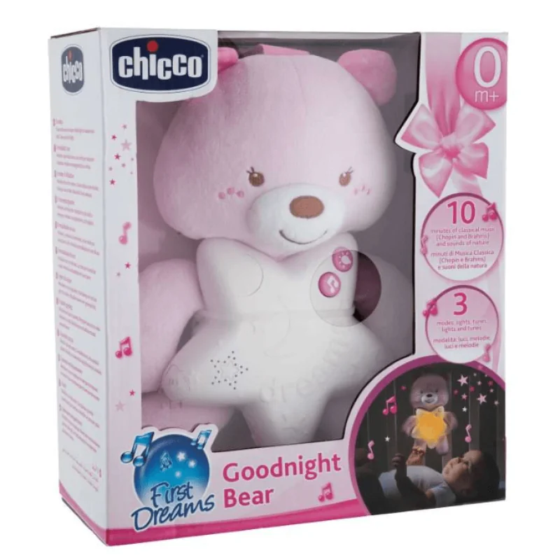 Chicco Goodnight Bear svietiaci medvedík, nočné svetielko, ružové 