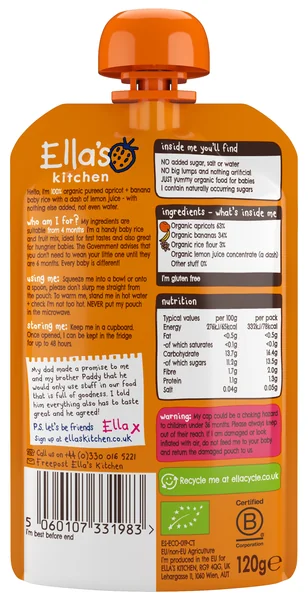 Ella's Kitchen BIO Detská ryža, banán a marhuľa 1×120 g, detská výživa