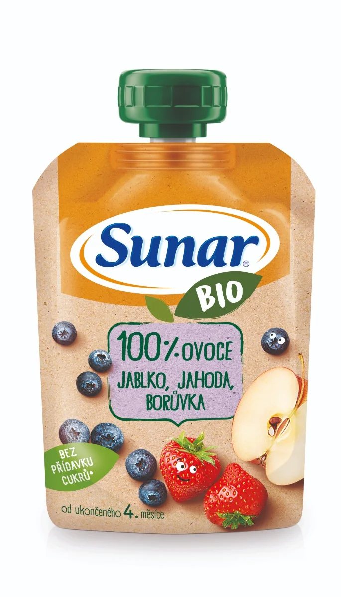 Sunar BIO Kapsička Jablko, jahoda, čučoriedka 1×100 g, ovocný príkrm (100% ovocia), 4m+