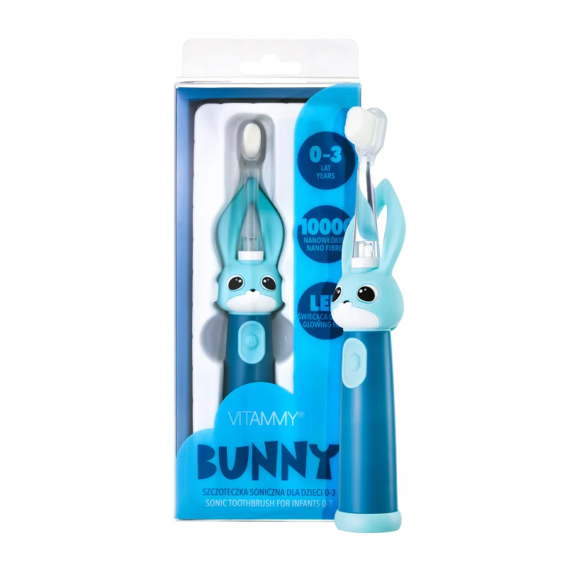 VITAMMY Bunny Sonická zubná kefka pre deti s LED svetlom a nanovláknami, 0-3 roky, modrá 