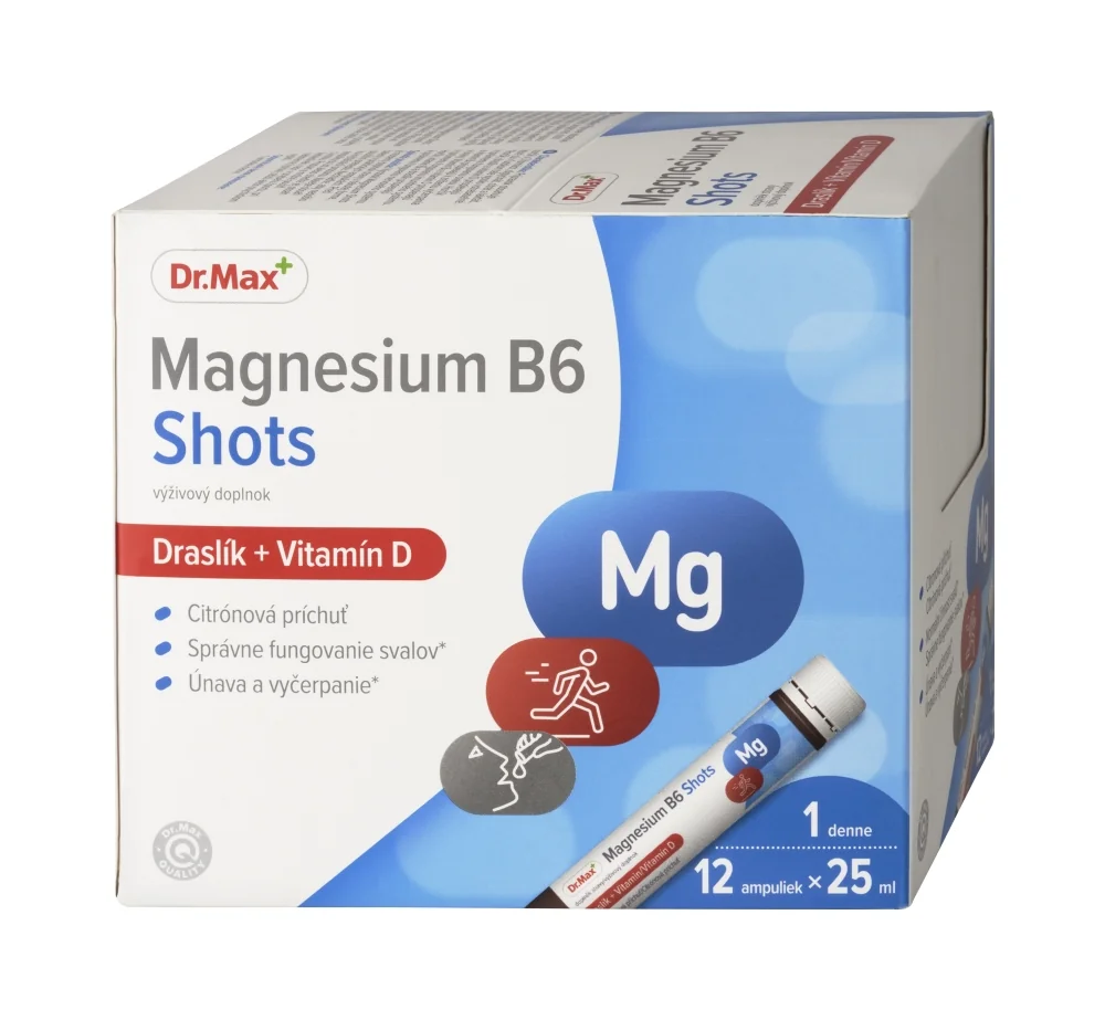 Dr. Max Magnesium B6 Shots 12×25 ml, ampulky s obsahom horčíka, draslíka, vitamínu B6 a D3