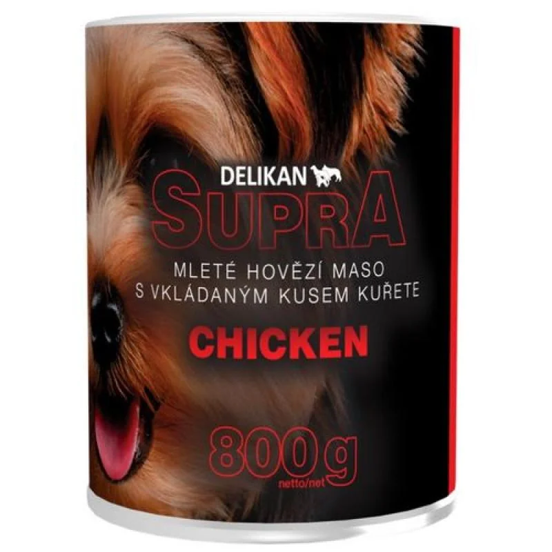 DELIKAN SUPRA DOG mleté hovädzie mäso s veľkou porciou kurčaťa 800g konzerva pre psa