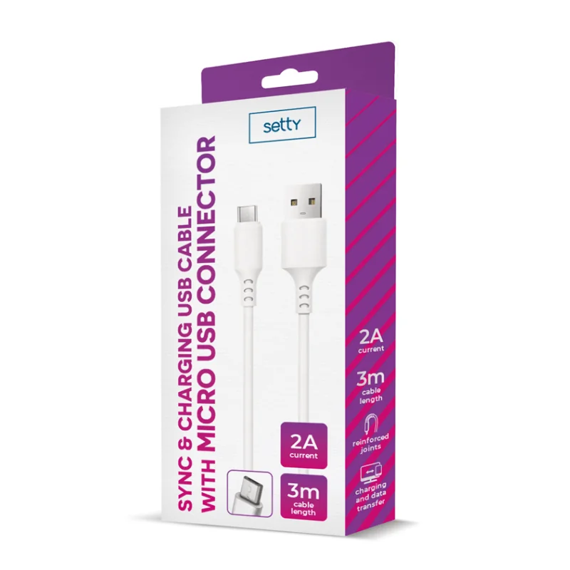 SETTY microUSB kábel 3m 2A (GSM113065) biela