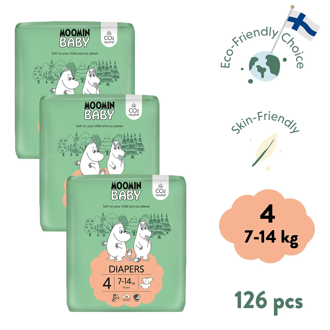 Moomin Baby 4 Maxi 7–14 kg, mesačné balenie eko plienok 1×126 ks, eko plienky