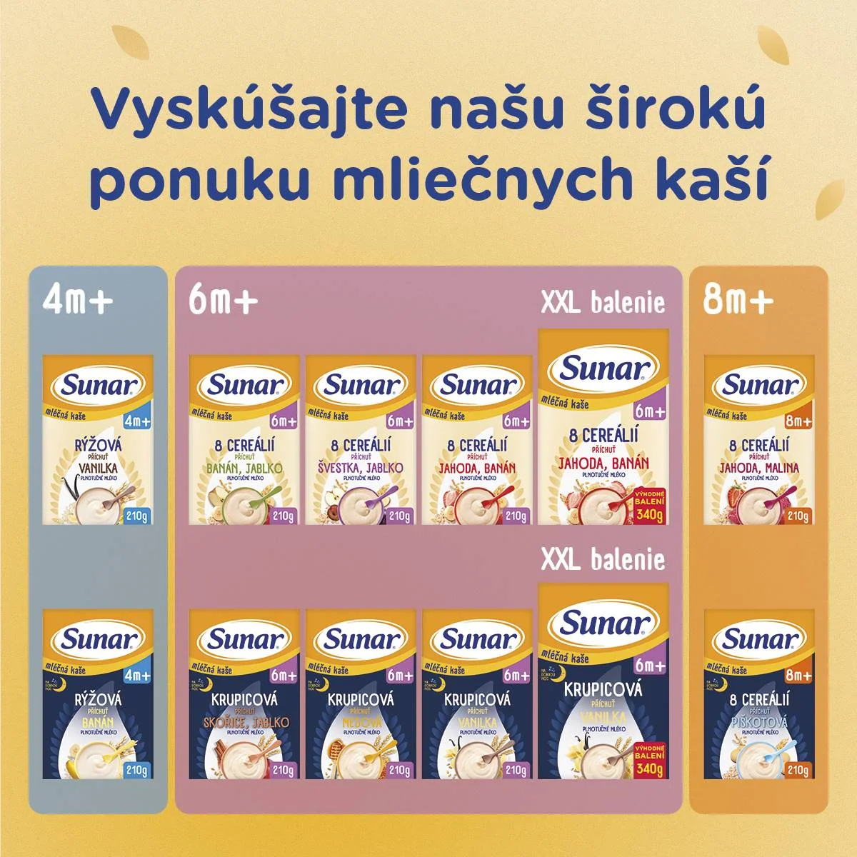 Sunar mliečna kaša krupicová príchuť vanilka na dobrú noc 340 g 1×340 g, instantná, obilno-mliečna kaša, od ukončeného 6. mesiaca