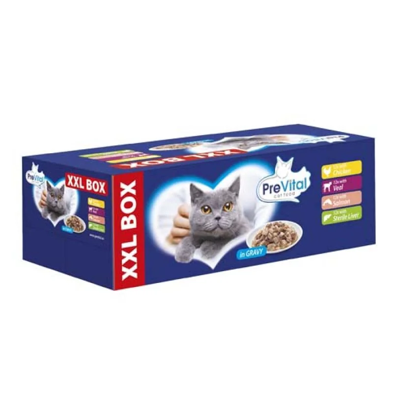 PreVital XXL BOX 48x100g kapsičky pre mačky kura, losos, teľa a pečeň v sťave