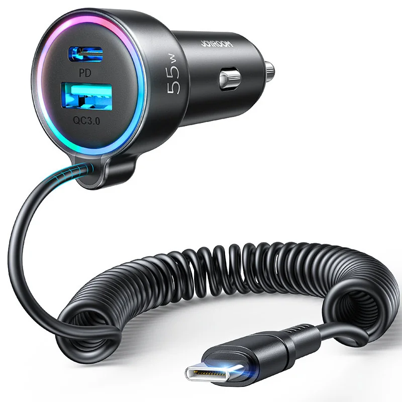 Joyroom 3in1 autonabíjačka USB / USB-C 55W + vstavaný kábel USB-C, čie rna