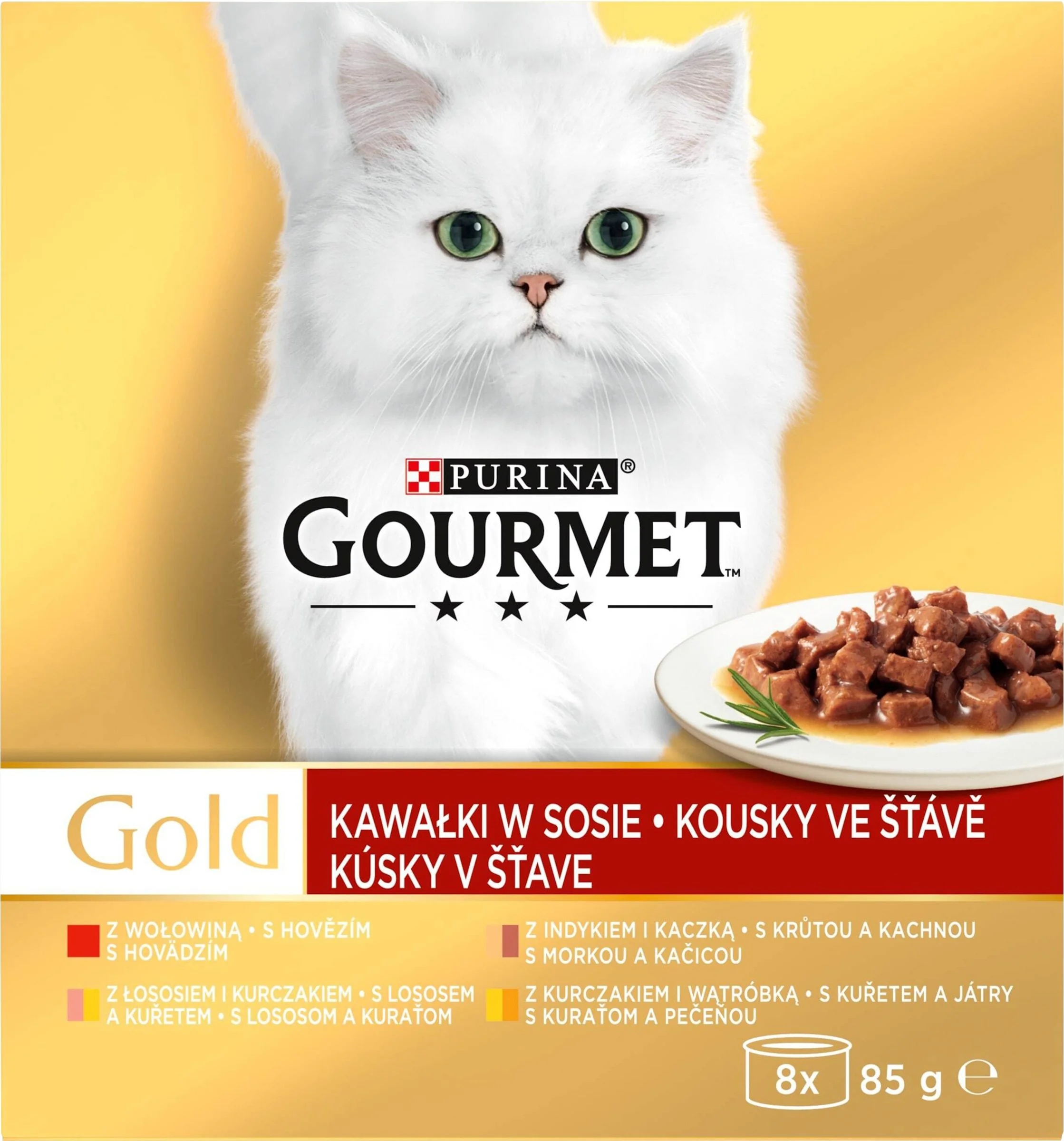 GOURMET GOLD hovädzie/morka s kačicou/losos s kuraťom/kura s pečeňou v šťave (8x85g) 1×1 ks