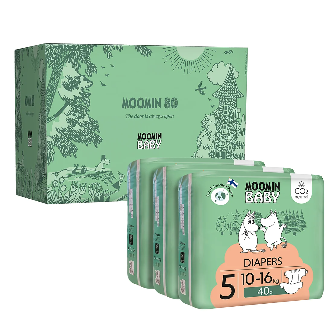 Moomin Baby 5 Maxi 10–16 kg, jubilejné mesačné balenie eko plienok v darčekovom boxe