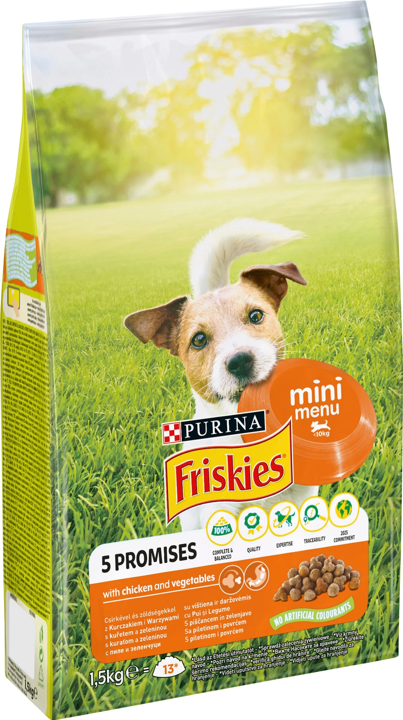 FRISKIES GP 1x1,5kg Mini Menu s kuraťom a pridanou zeleninou 1×1,5 kg, kompletné krmivo pre dospelých psov malých plemien