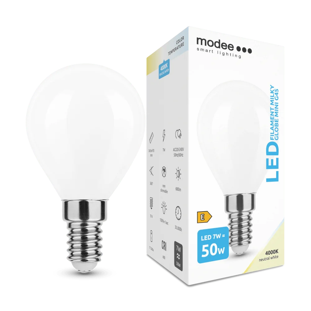 Modee Smart Lighting LED Filament Milky Globe Mini E14 7W neutrálna biela (ML-MG45F4000K7WE14) 