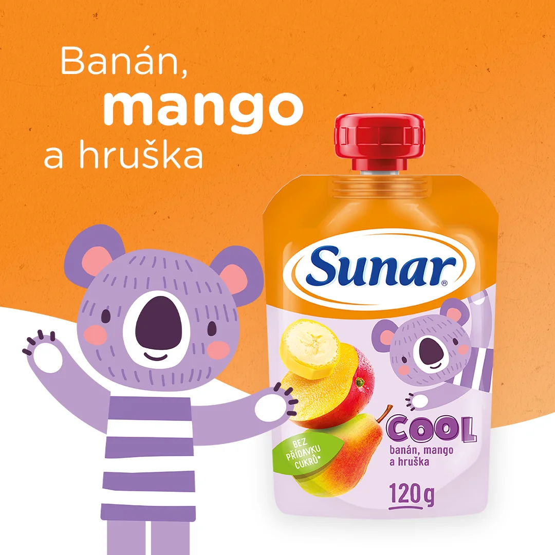 Sunar COOL ovocie Hruška, Banán, Mango 1×120 g, Hruška, Banán, Mango, 12m+