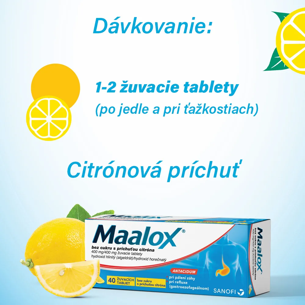 Maalox bez cukru s príchuťou citróna 1×40 tbl, bez cukru s príchuťou citróna