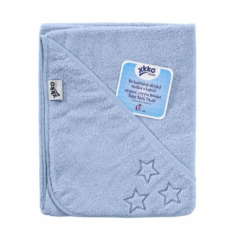 XKKO Organic BIO Bavlnená froté osuška s kapucňou 90x90 - Baby Blue Stars 