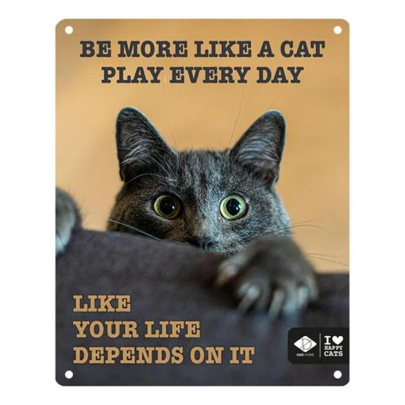 EBI D&D I LOVE HAPPY CATS kovová tabuľa: ,,Be more like a cat play every day” 20x25cm