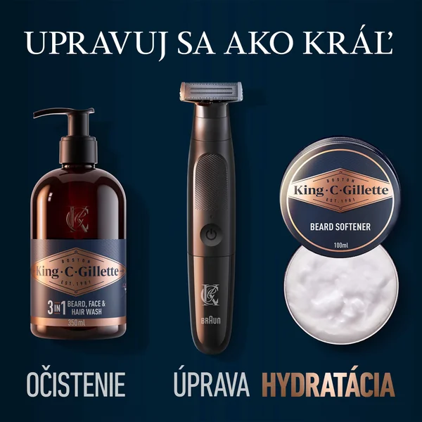 Gillette King C. darčeková sada s cestovnou taškou + 3v1 šampónom na vlasy, bradu a tvár 350 ml + zmäkčovač brady 100 ml 1×1 ks, darčeková sada