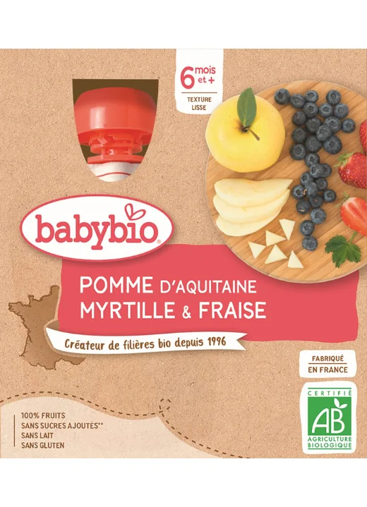 BABYBIO Kapsička jablko, čučoriedky, jahody (4x 90 g) - ovocný príkrm