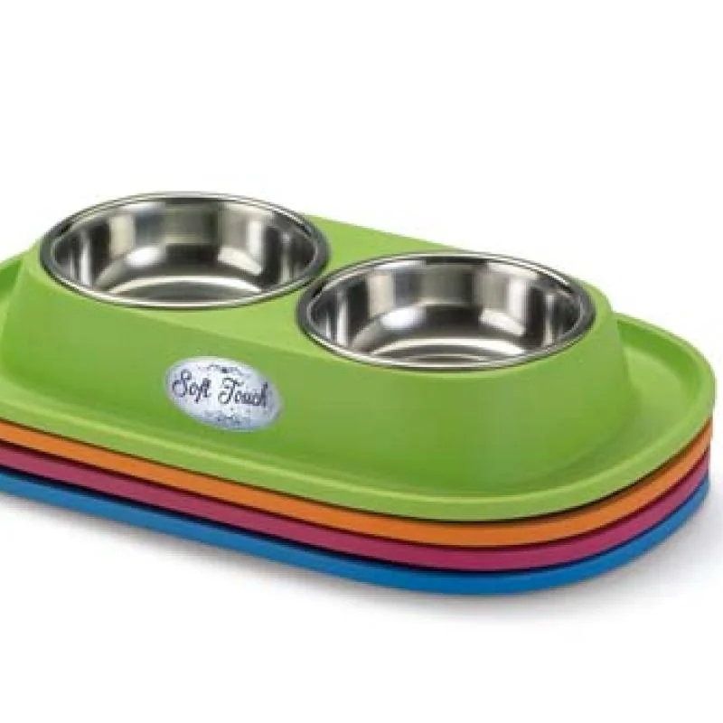 COBBYS PET Soft Touch INOX Double 31x20x3,5cm držiak z gumy s nerezovou dvojmiskou 0,46l 