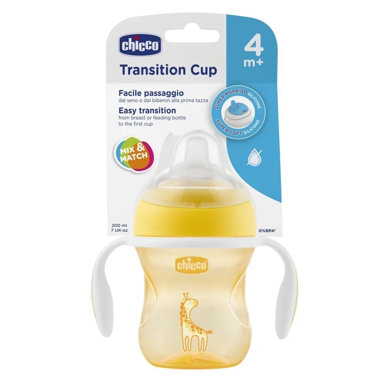 CHICCO Hrnček učiaci Transition s držadlami 200 ml žltý 4 m+ 1×1 ks, učiaci hrnček