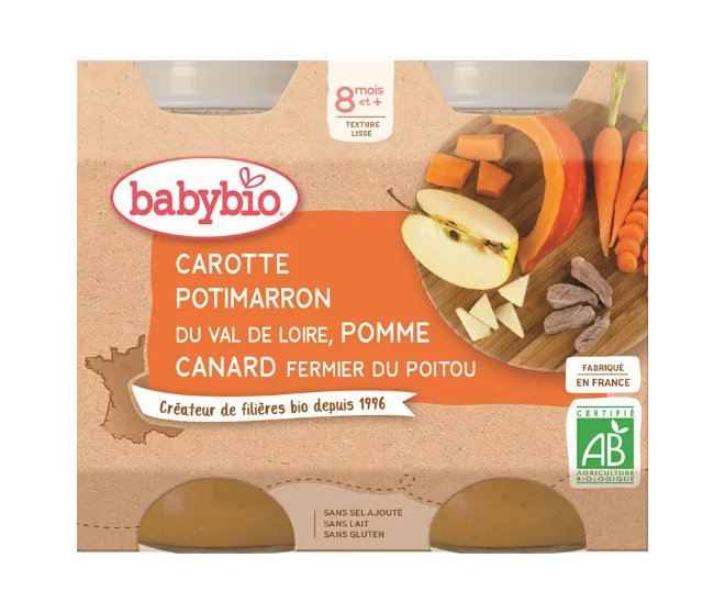 BABYBIO Menu mrkva, tekvica a jablká s kačacím mäsom (2x 200 g)