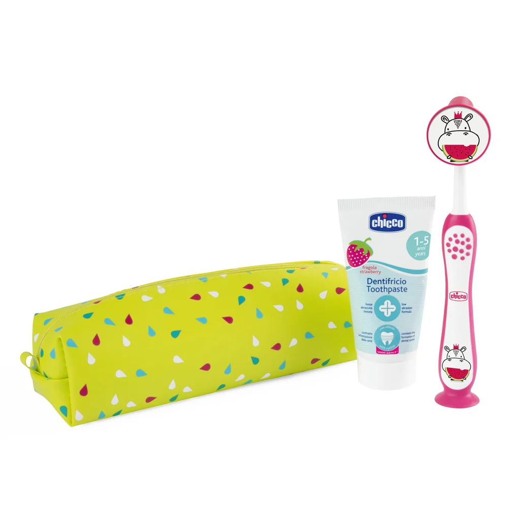 CHICCO Set zubná kefka a pasta v puzdre - Hippo, 3r+