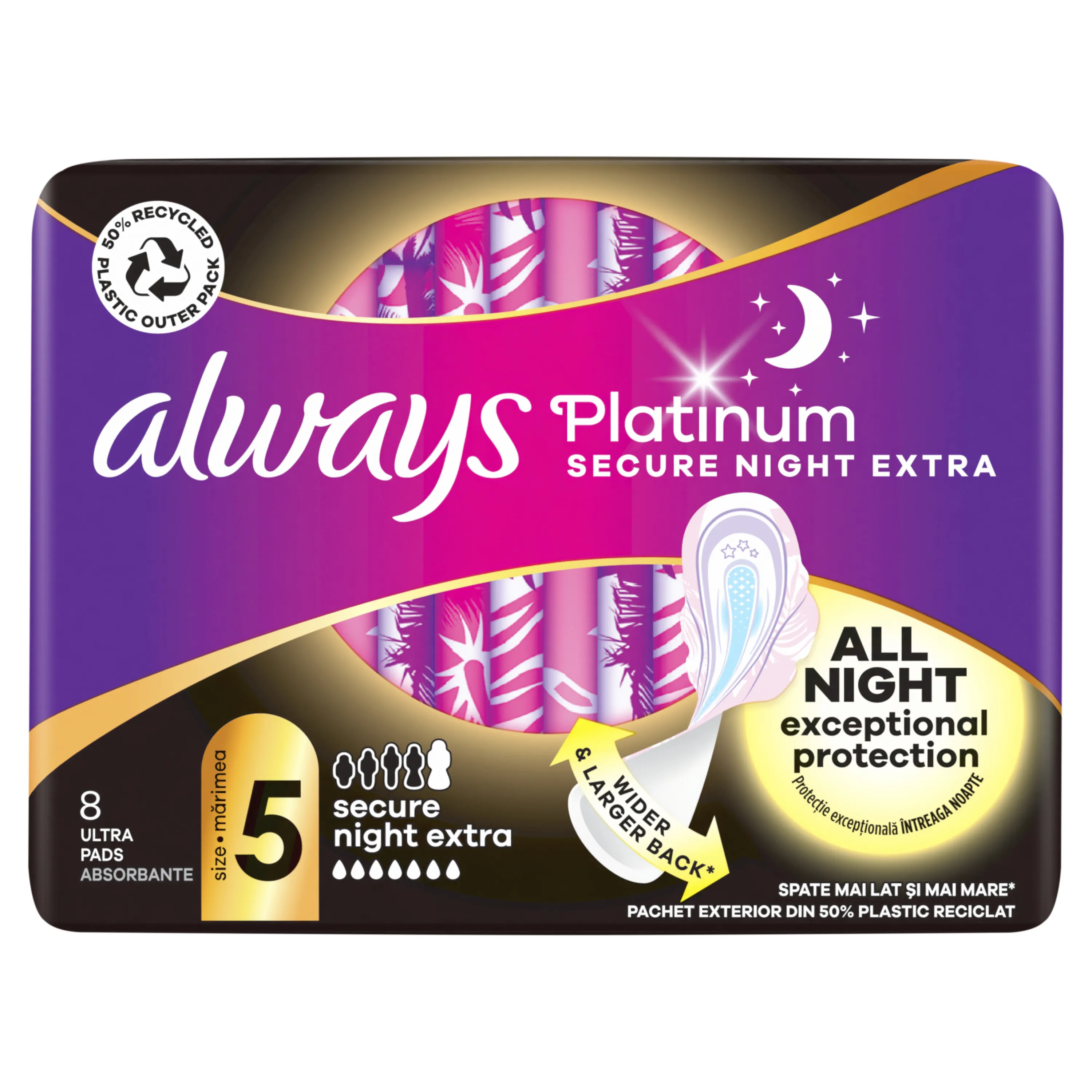 Always Platinum Secure Night Extra hygienické vložky s krídélkami, 8 ks 1×8 ks, hygienické vložky s krídielkami