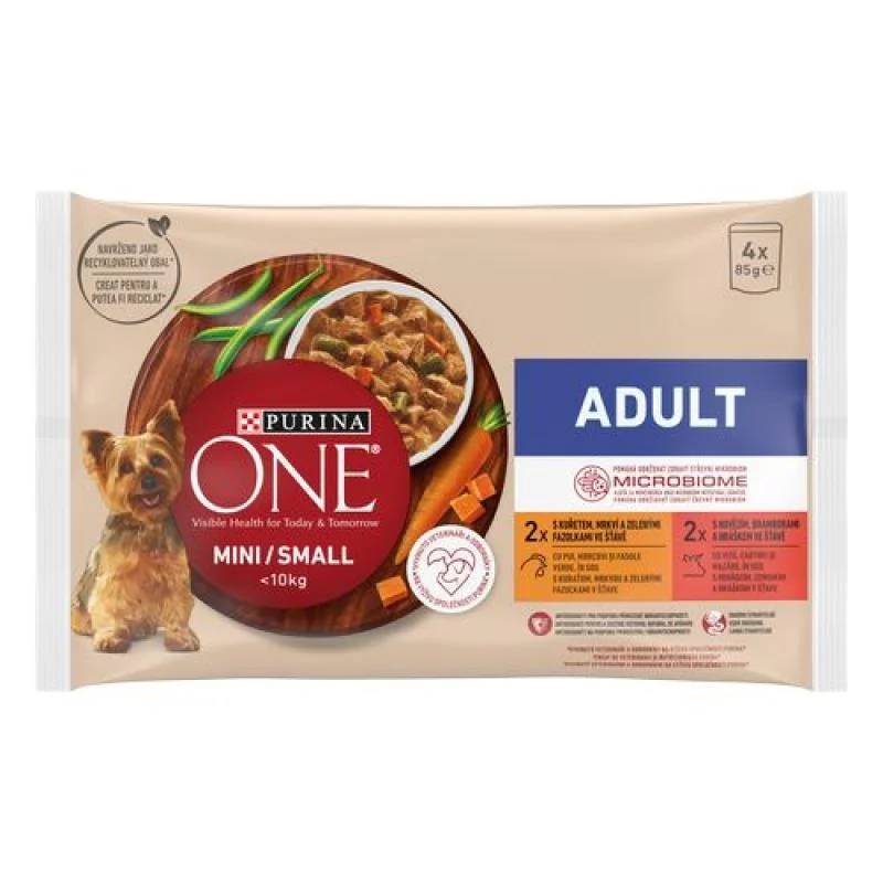 PURINA ONE MINI Small Dog Adult Multipack kura a hovädzie v šťave 4x85g