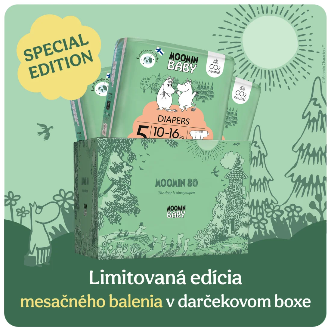 Moomin Baby 5 Maxi 10–16 kg, jubilejné mesačné balenie eko plienok v darčekovom boxe 1×120 ks, plienky