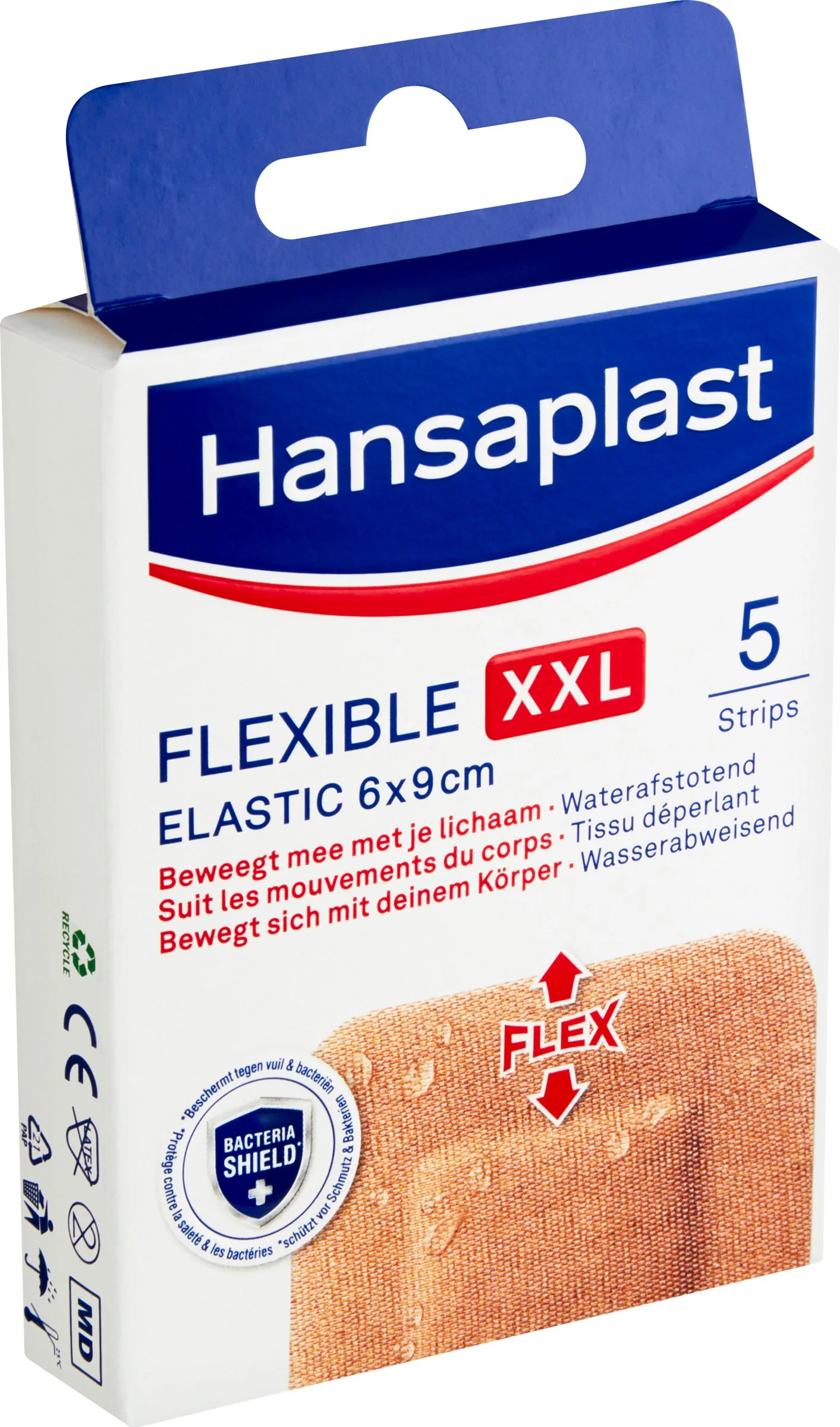 Hansaplast Flexible XXL Elastická Náplasť 1×5 ks, vodu odpudzujúce náplasti na prekrytie a ochranu stredných až väčších rán