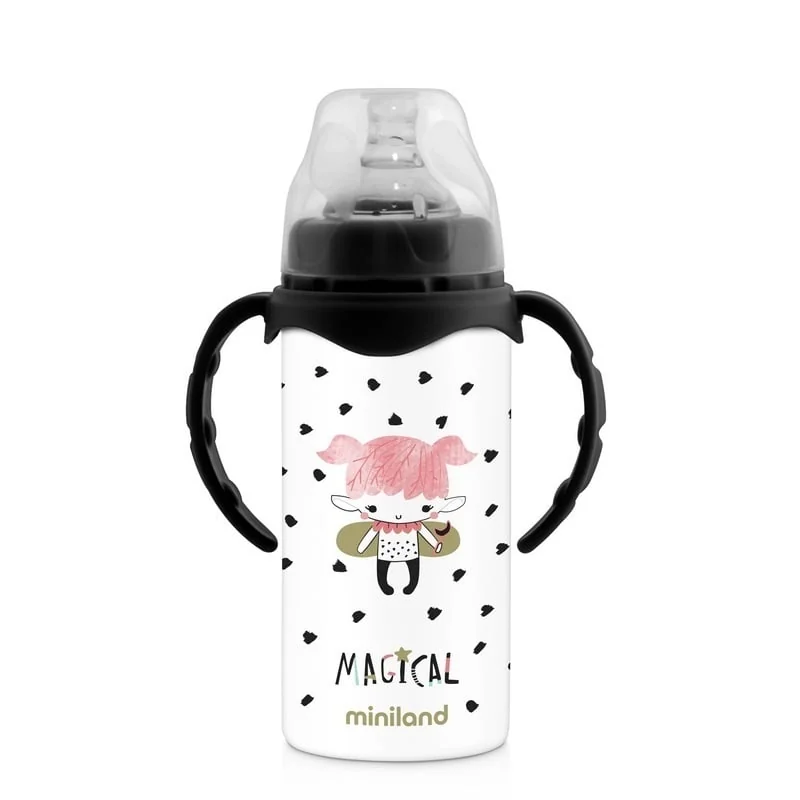 Miniland Nerezová termoska s cumlíkom Magical, 240ml, čierno biela 