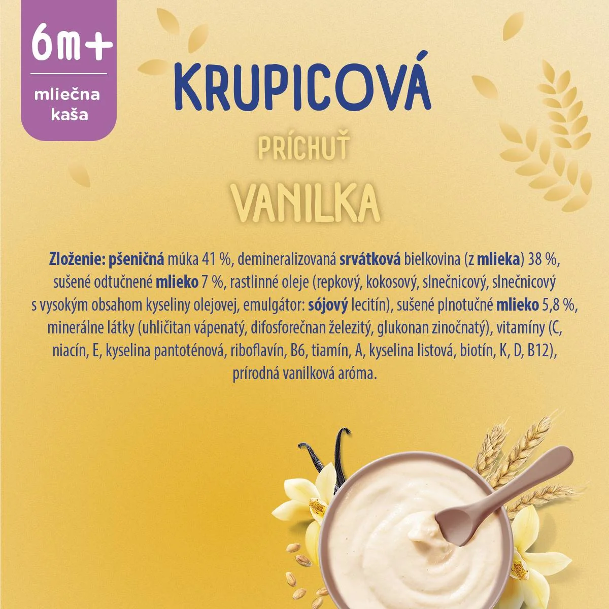 Sunar mliečna kaša krupicová príchuť vanilka na dobrú noc 340 g 1×340 g, instantná, obilno-mliečna kaša, od ukončeného 6. mesiaca