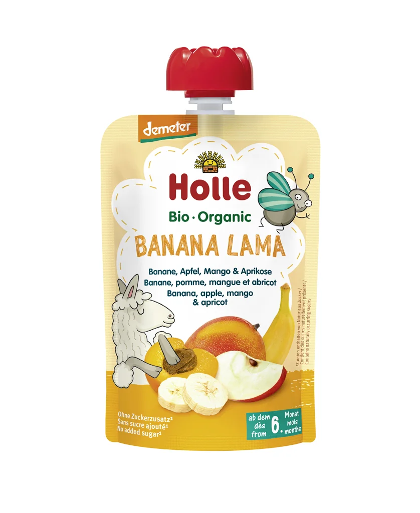 HOLLE Banana Lama Bio ovocné pyré banán, jablko, mango, marhuľa, 100 g (6 m+)