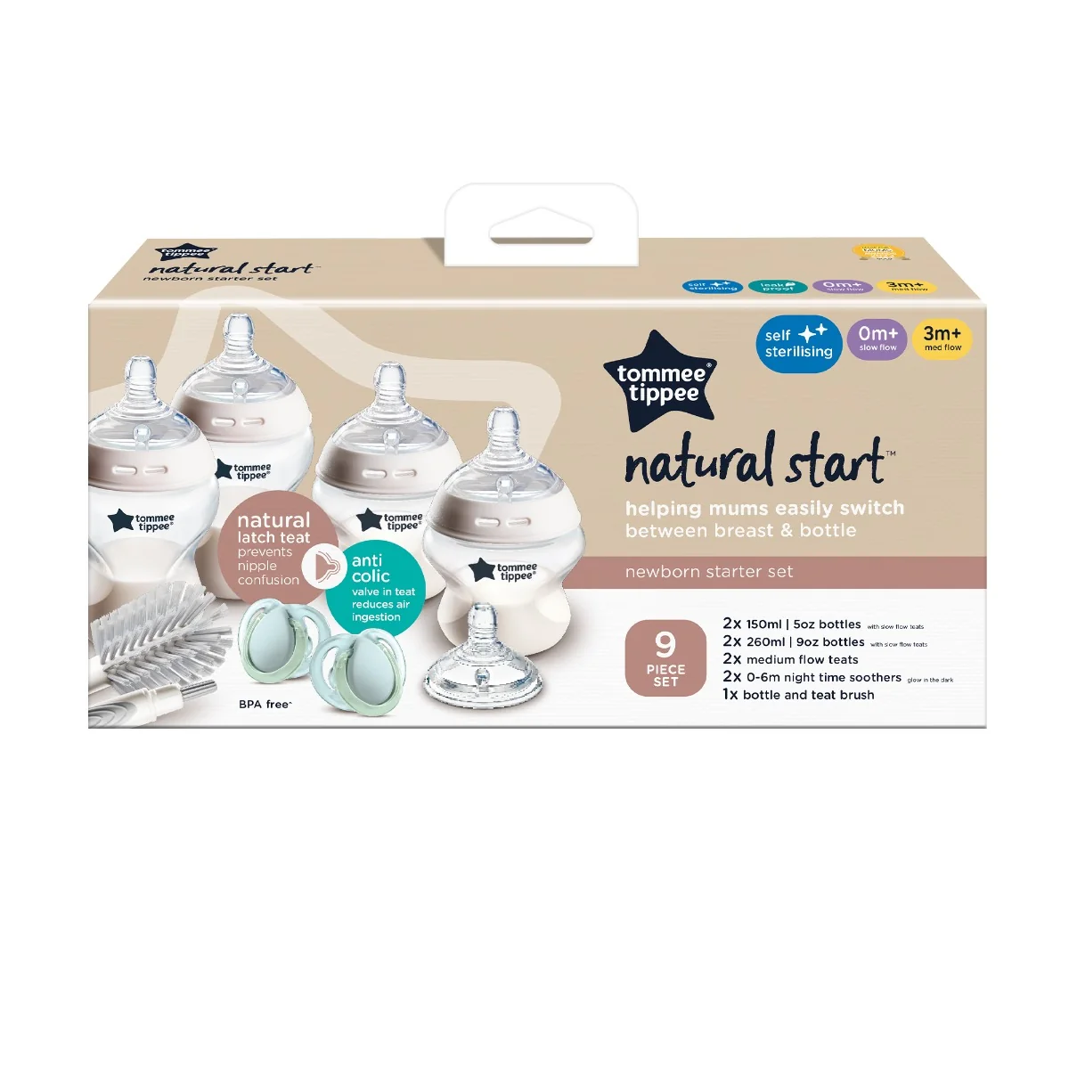 Tommee Tippee Natural Start ANTI-COLIC Novorodenecký Starter Kit Samosterilizačných fľaštičiek, 0m+, Biela 1×9 ks, novorodenecký set