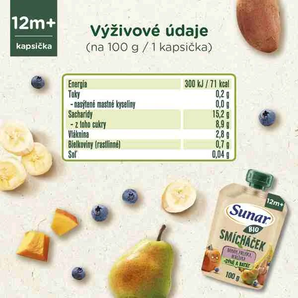 SUNAR BIO SMICHACEK banán, hruška, čučoriedka, tekvica, batát 1×100 g, ovocný príkrm