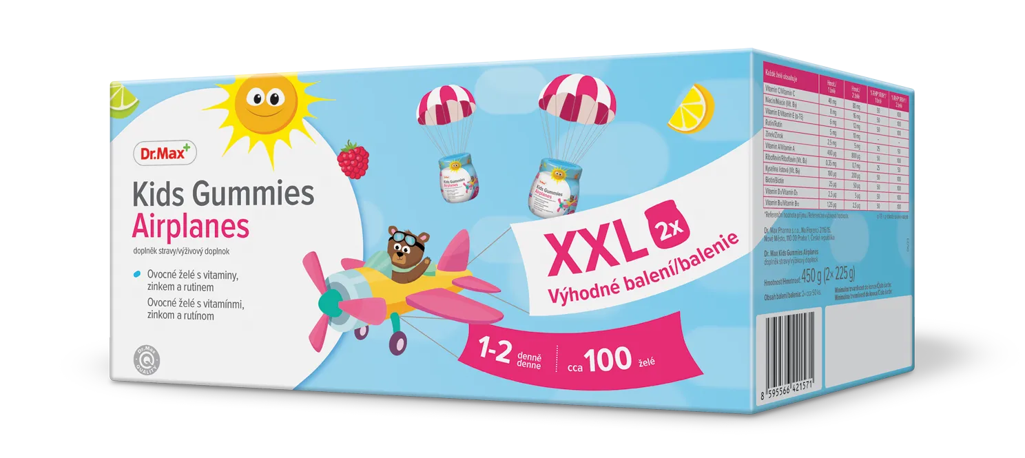 Dr. Max Kids Gummies Airplanes XXL 1×50+ 50 ks, ovocné želé s vitamínmi, zinkom a rutínom