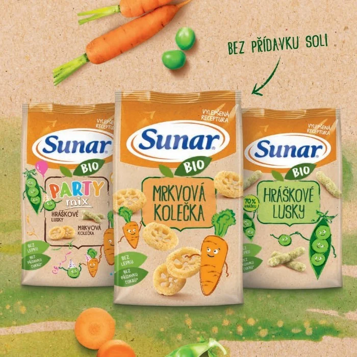 Sunar BIO Chrumky Party mix 1×45 g, hráškové struky a mrkvové kolieska, 12m+