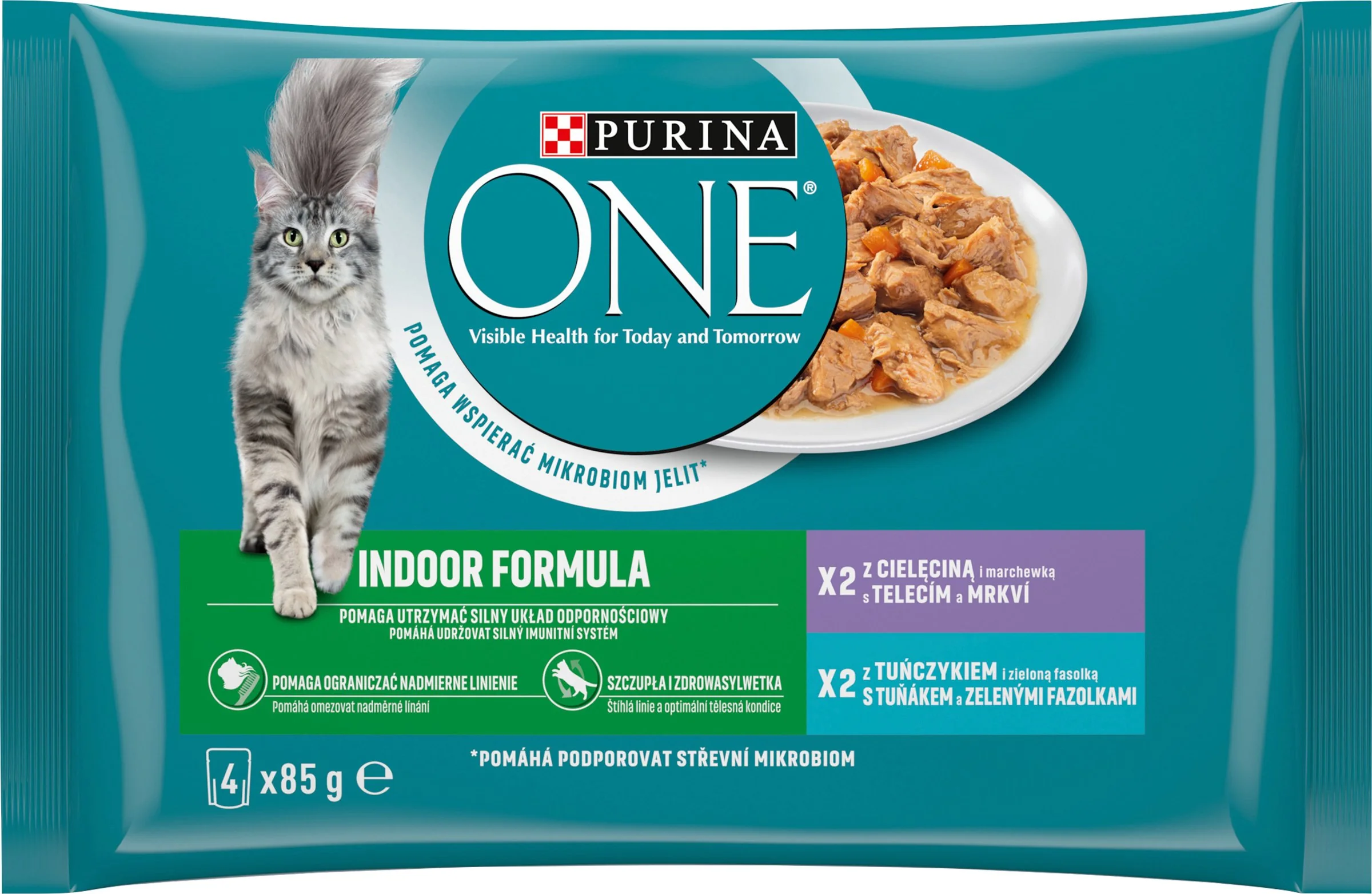 PURINA ONE Indoor mini filetky s tuniakom a zelenými fazuľkami / s teľacím a mrkvou v šťave (4x85g) 4×85g, kapsičky pre mačky