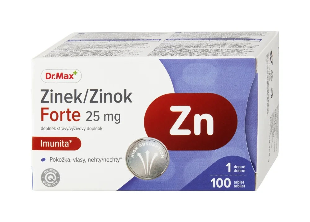 Dr. Max Zinok Forte 25 mg 1×100 tbl, vysoká dávka zinku v organickej forme