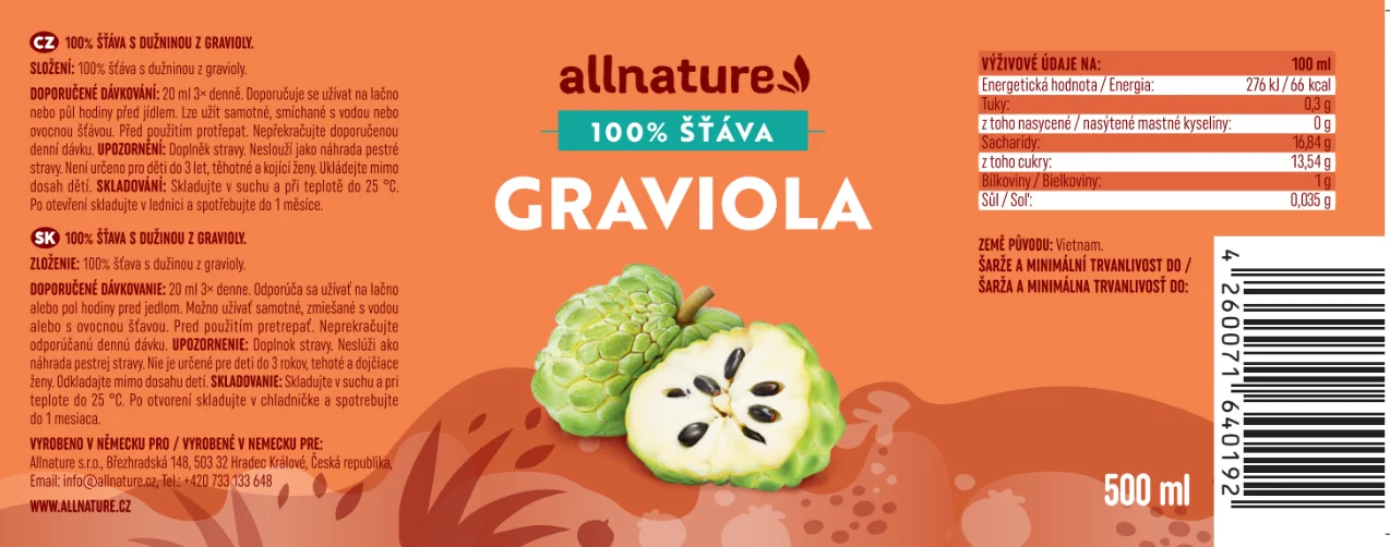 Allnature Graviola Premium 500ml 1×500 ml, štava graviola