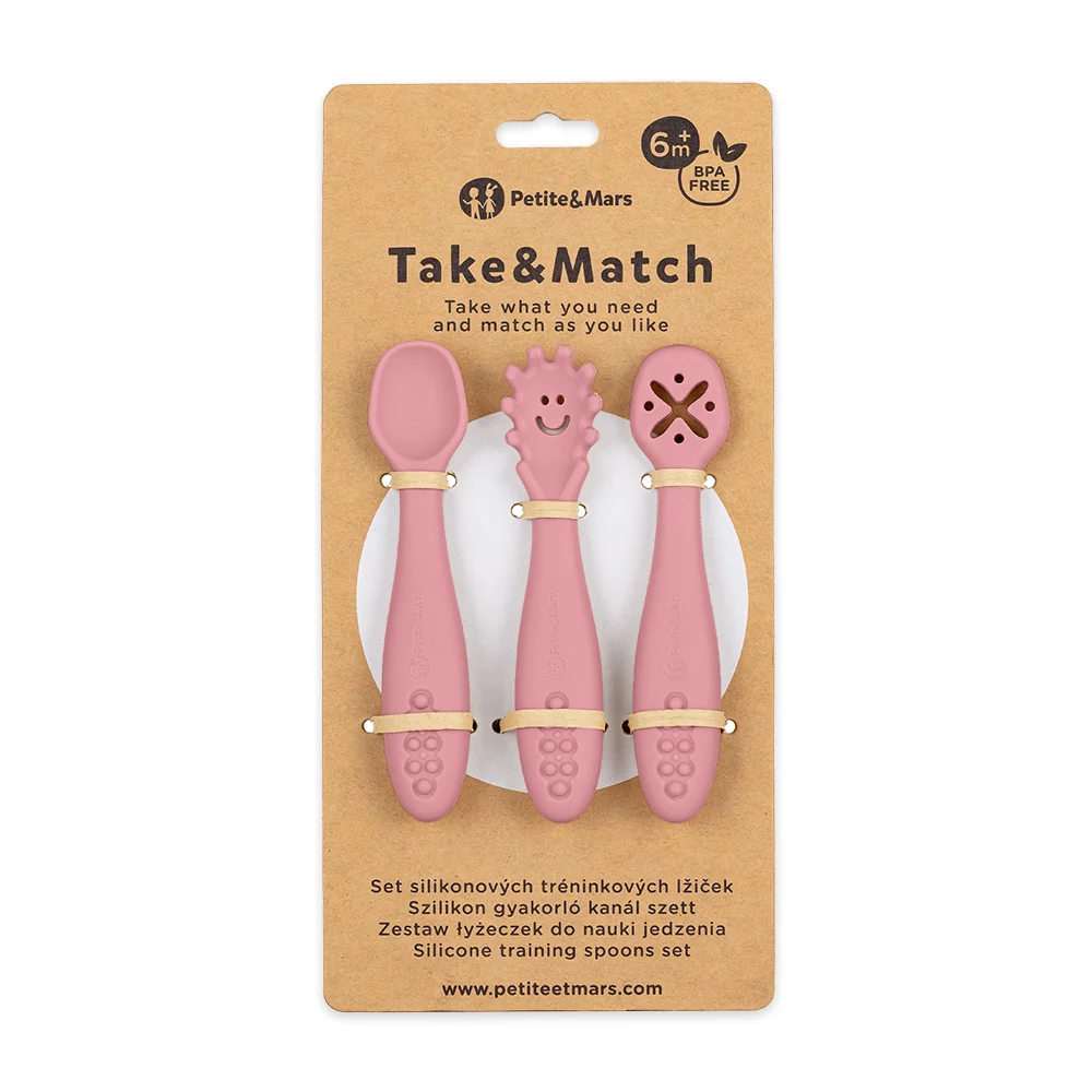 PETITE&MARS Set 3 ks silikónových tréningových lyžičiek Take&Match Dusty Rose 6m+ 1×3 ks, set silikónových tréningových lyžičiek