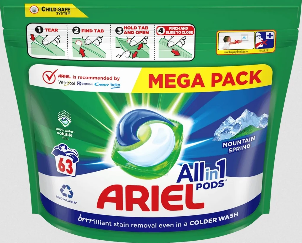 Ariel All-in-1 PODS Mountain Spring, Gélové Kapsuly Na Pranie, 63 Praní 1×63 ks, Gélové Kapsuly Na Pranie