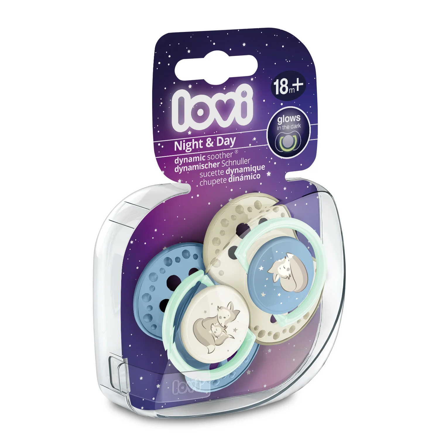 LOVI Dynamický utišujúci cumlík 18m+ Night&Day boy 1×2 ks, utišujúci cumlík