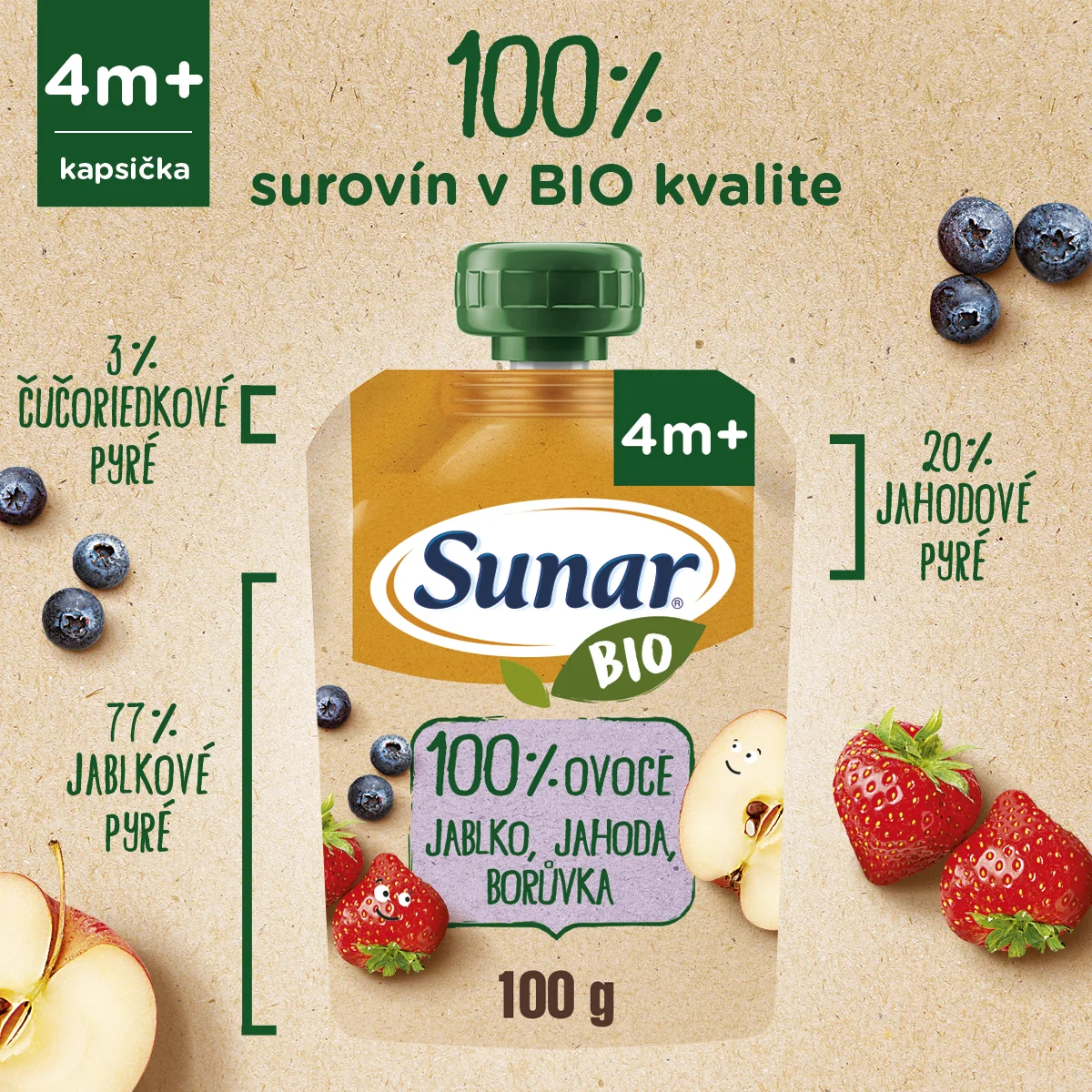 Sunar BIO Kapsička Jablko, jahoda, čučoriedka 1×100 g, ovocný príkrm (100% ovocia), 4m+