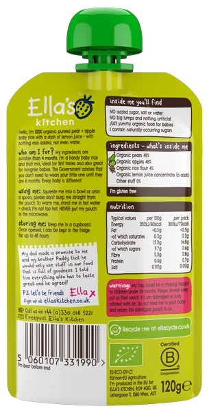 Ella's Kitchen BIO Detská ryža, hruška a jablko 1×120 g, detská výživa