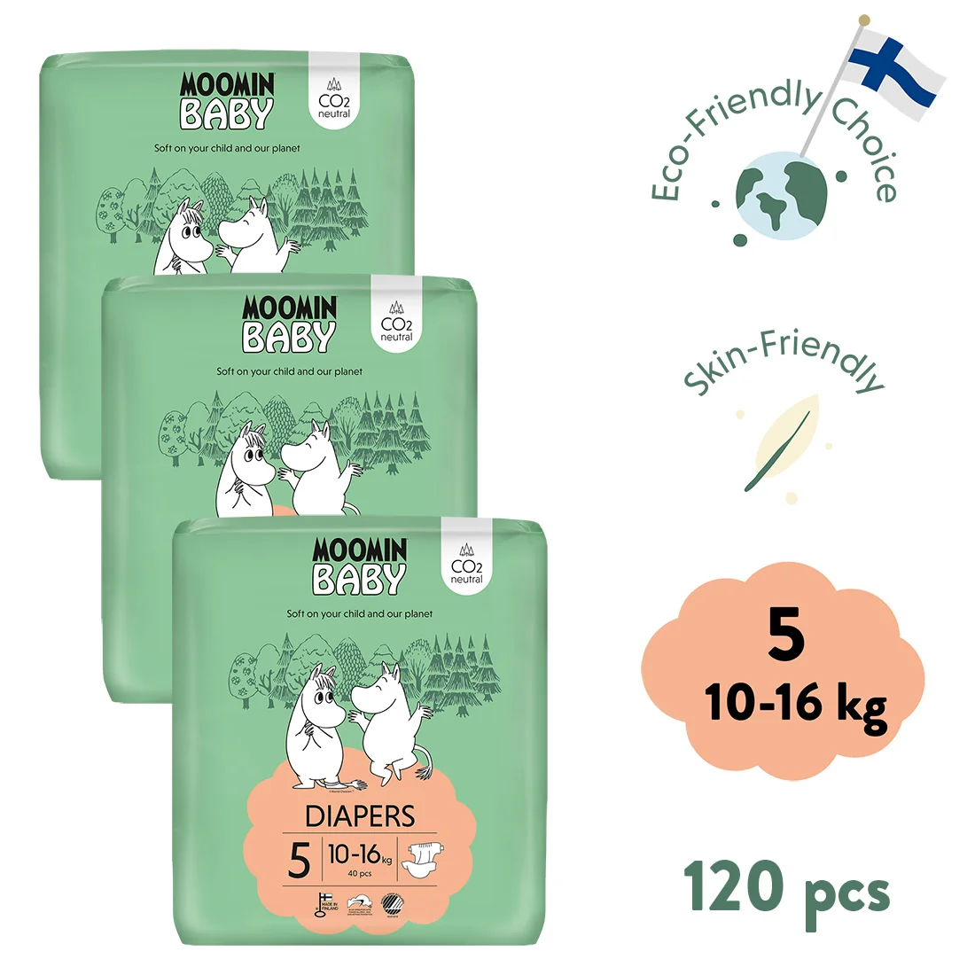 Moomin Baby 5 Maxi 10–16 kg, mesačné balenie eko plienok 1×120 ks, eko plienky