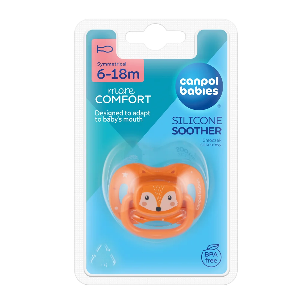 Canpol babies Cumlík silikónový symetrický CUTE ANIMALS 6-18m oranžový 1×1 ks, silikónový cumlík