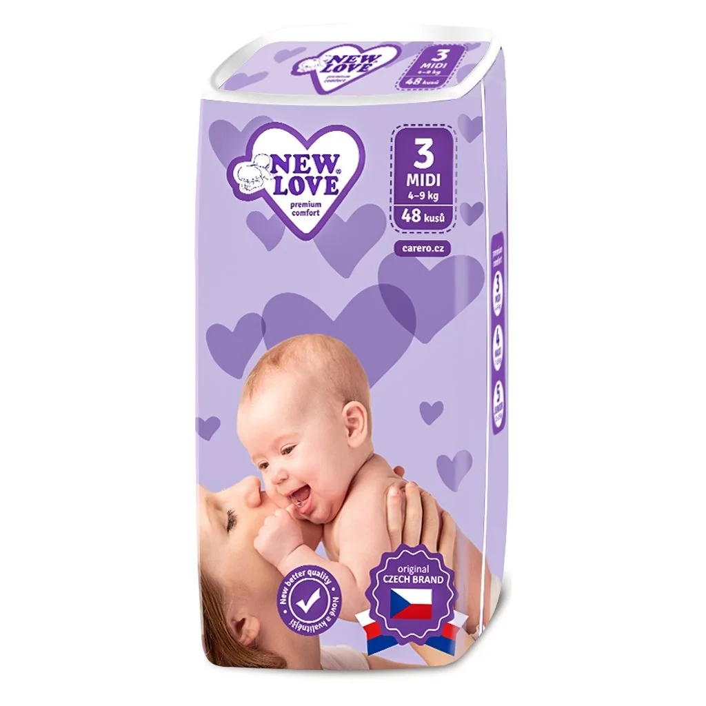 Detské jednorázové plienky New Love remium comfort 3 MIDI 4-9 kg 48 