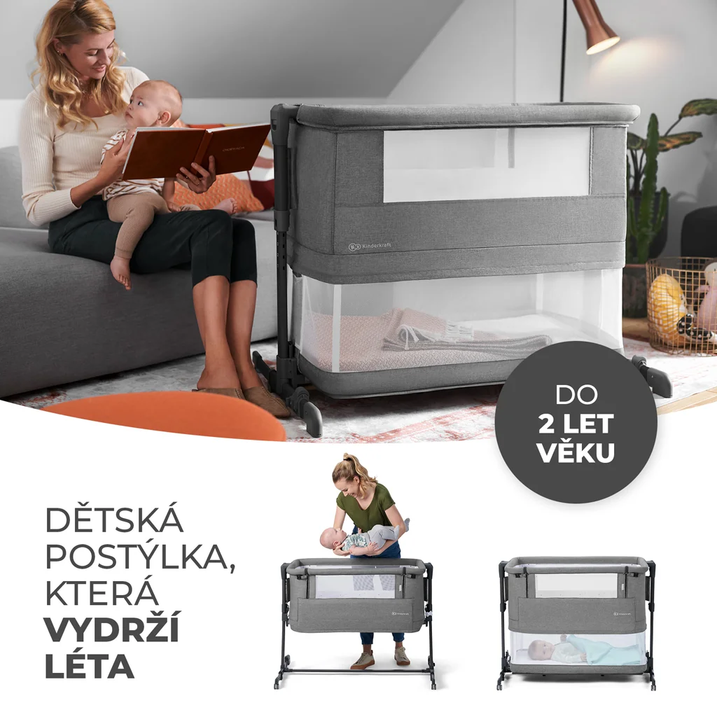 KINDERKRAFT Postieľka detská polohovateľná Neste grow Light Grey Full Wood 1×1 ks, polohovateľná postieľka