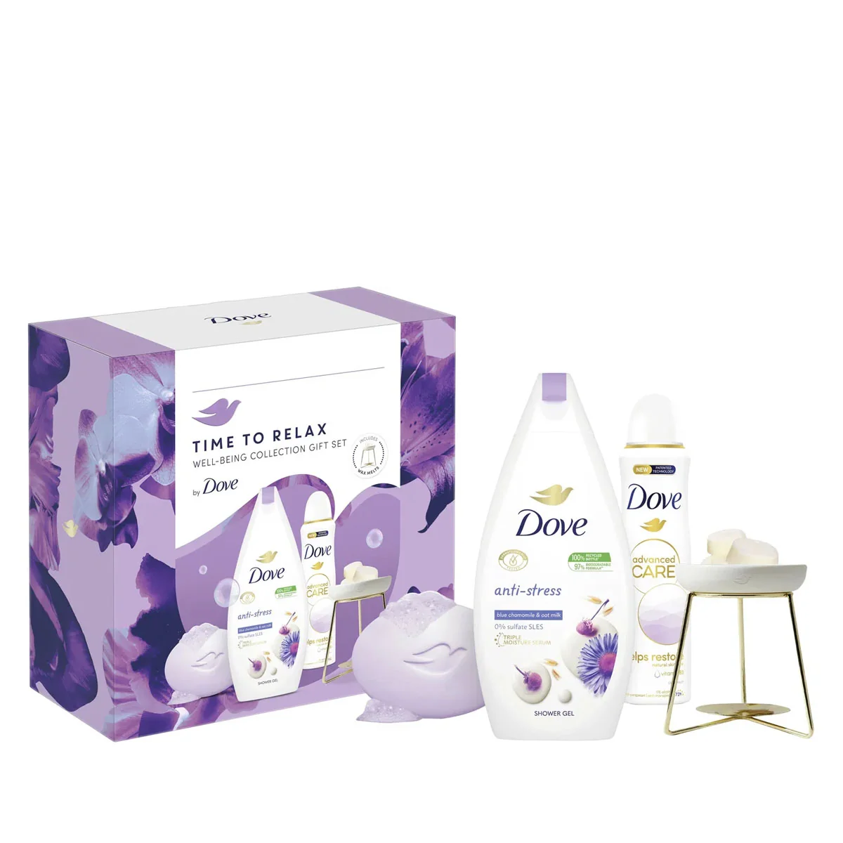 DOVE darčeková kazeta Time to Relax (Dove sprchový gél Anti stress 250ml + Dove deodorant v spreji Clean Touch 150ml + Dove tuhé mydlo Relaxing 90g + vonná lampa)