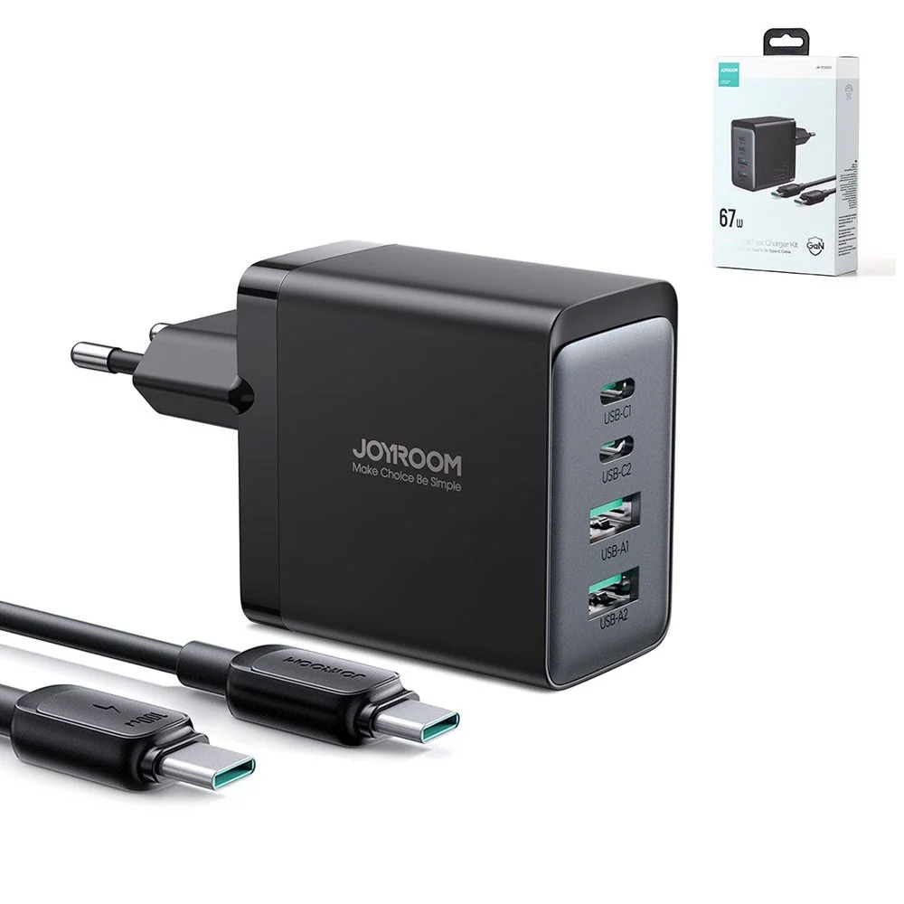 Joyroom TCG02 GaN sieťová nabíjačka 2x USB / 2x USB-C 67W + kábel USB- C, čierna